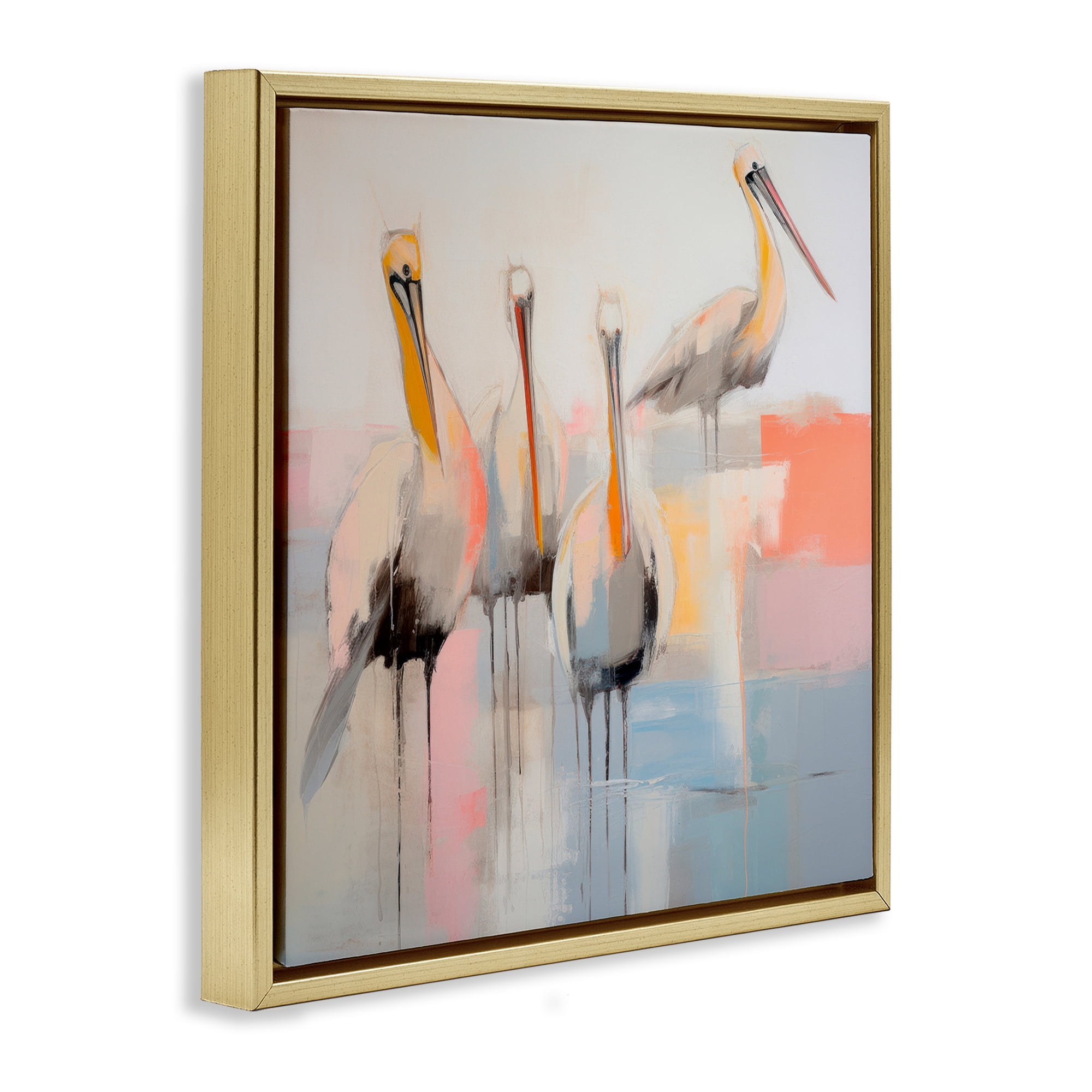 Stupell Industries Abstract Pelicans Scene Animals & Insects Painting Gold Floater Framed Canvas Art Print Wall Art, 18 x 18