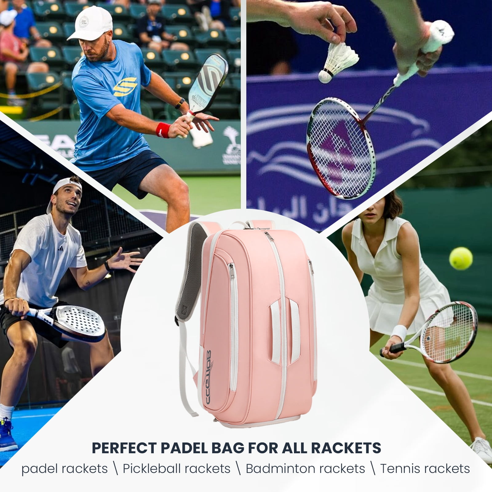 CCGTIOR Multi-Use Beach Tennis Bag For Sport Convertible Padel Backpack - Laptop Sleeve, Ball Sleeve, Fence Hook, Easy Access,Shoe Compartment (Pink)