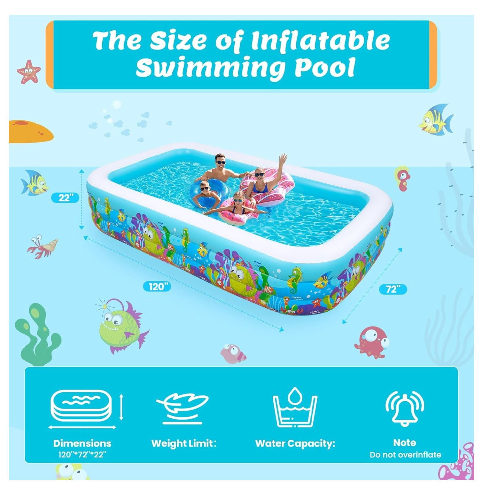 Inflatable Swimming Pool 120"x72"x22" Blow up Pool, Full-Sized Above Ground Family Pool, Summer Water Party, Backyard, Outdoor Beach Garden Lawn,Ocean Blue