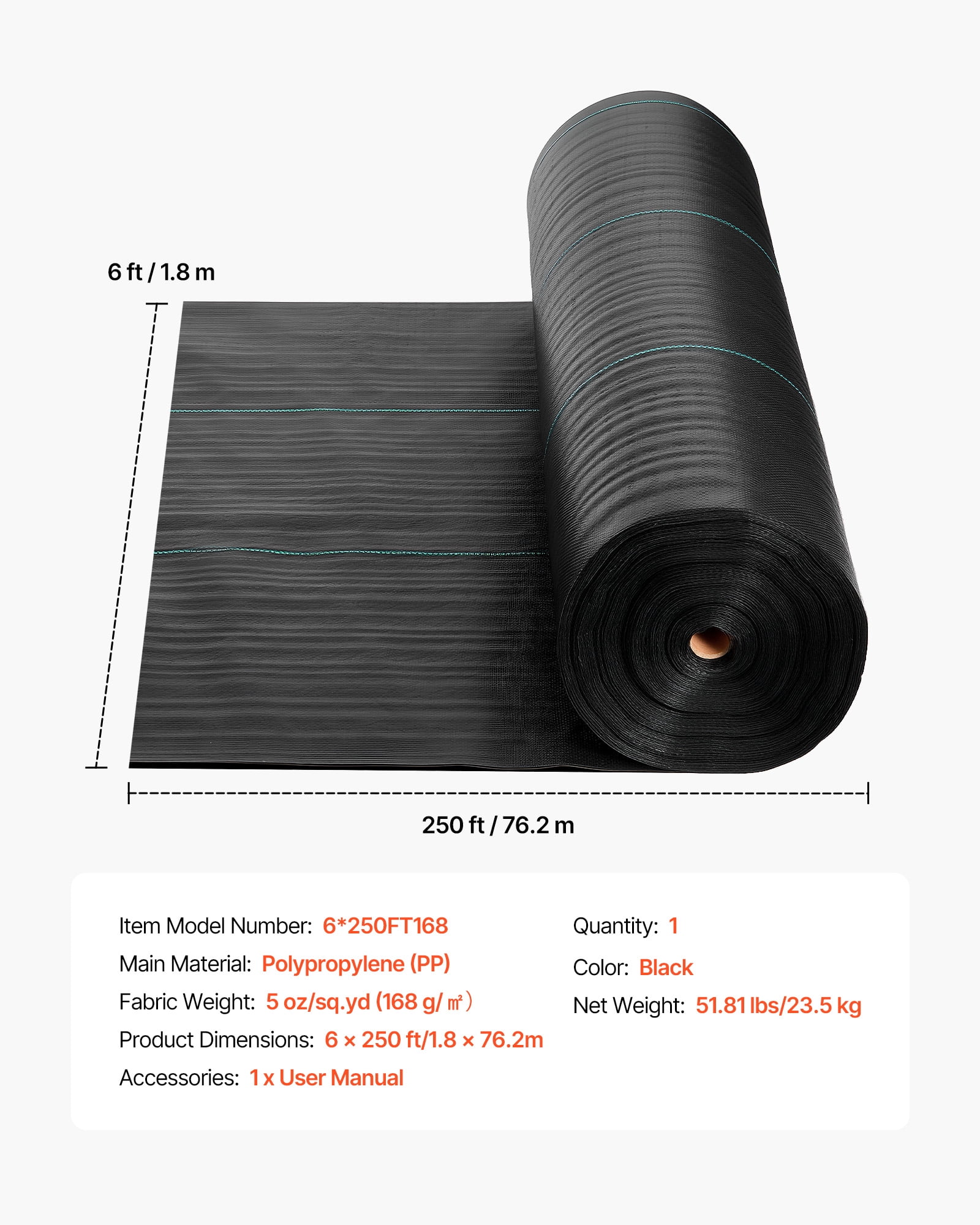 VEVOR Weed Barrier Fabric Heavy Duty, 6x250FT 5oz Landscape Fabric, Woven Weed Blocker Fabrics, Garden Fabrics Weeds Barrier, Weeds Control Ground Cover, Geotextile Webbing, Gardening Mat, Black