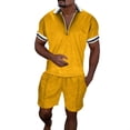 thumbnail image 1 of YDLCAFD Male Casual Striped Print Two Piece Suit Zipper Short Sleeve Top Blouse Suit Drawstring Pocket Short Set, 1 of 5