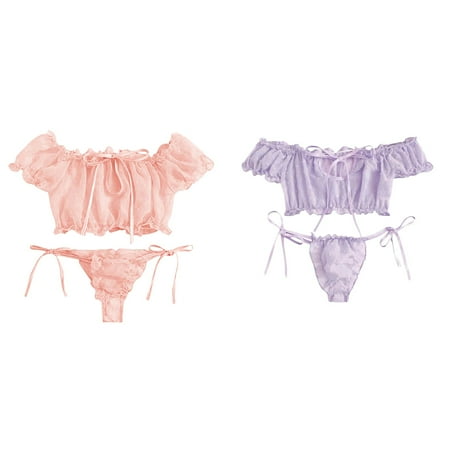 2-Pack Cute Women Embroidery Lace Bowknot Off-Shouder Lingerie Set Sleepwear Pajamas Vented Underwear Lace Thigh Garter Set Lace Bustier Set Lingerie Set Lace for Women Lace up Top Set Mens Briefs