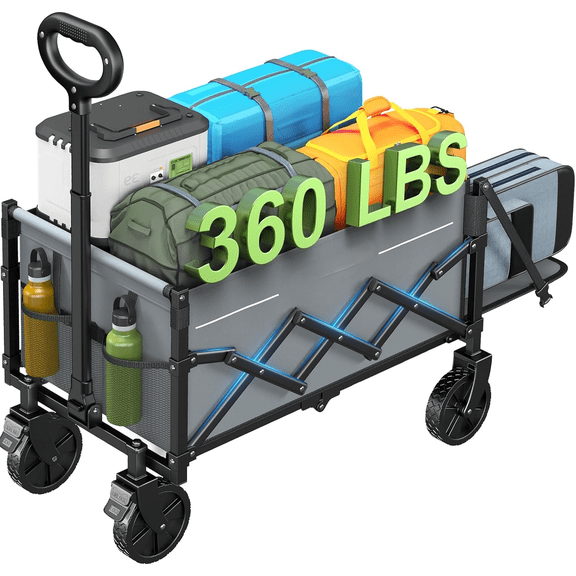 Small Wagon Cart Foldable, Collapsible Wagon with 360 LBS Max Load & Expandable Storage, 90L Foldable Grocery Cart with 2 Cup Holders for Outdoor, Garden, Camping &Groceries-Grey