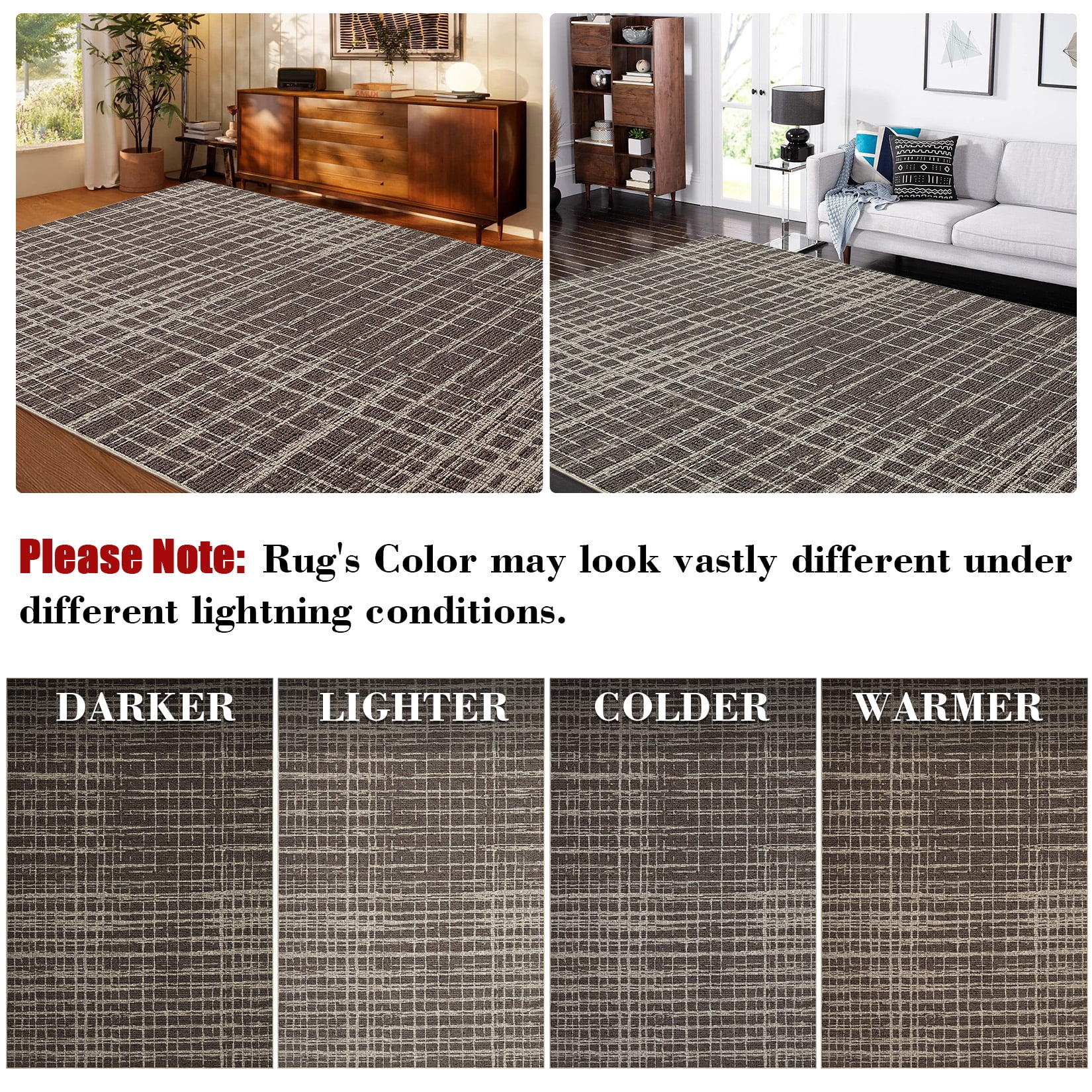 Hasoo Modern Washable Large 9' x 12' Geometric Grid Area Rug for Living Room Soft Indoor Carpet, Brown