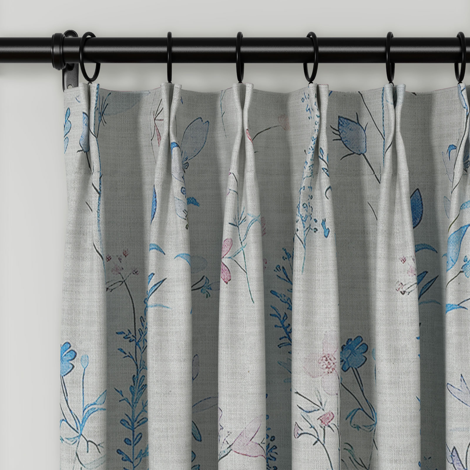 TWOPAGES 84"x63" Pinch Pleat Drape Floral Print Polyester Linen Light Filtering Curtain for Kitchen, 1 Panel, Blue
