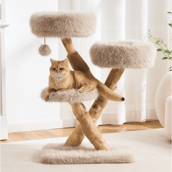 Natural Solid Wood Cat Tree Tower with Scratching Post, 37.8 Inches Tall Modern Cat Tower with Cozy Bed and Platforms, Luxury Real Branch Cat Tree for Indoor Cats Large Adult