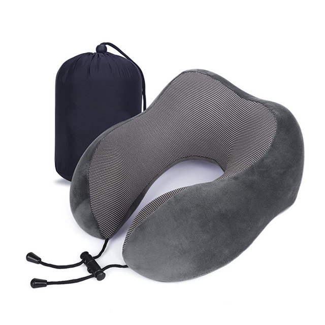 Almohada de viaje, gran almohada de espuma de memoria para el cuello, soporte para la cabeza, almohada suave para dormir, avión, coche y hogar gris