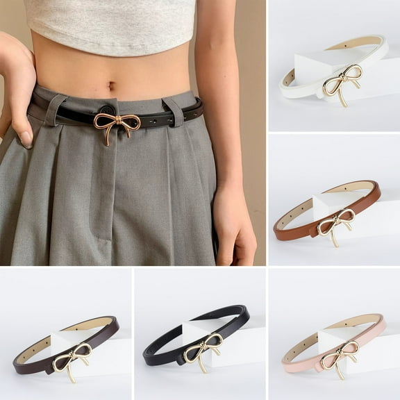 Eoperou Women Belt Solid Color - Metal Bowknot Decorated Imitation Leather Strap Belt Adjustable Holes Slim Waistband