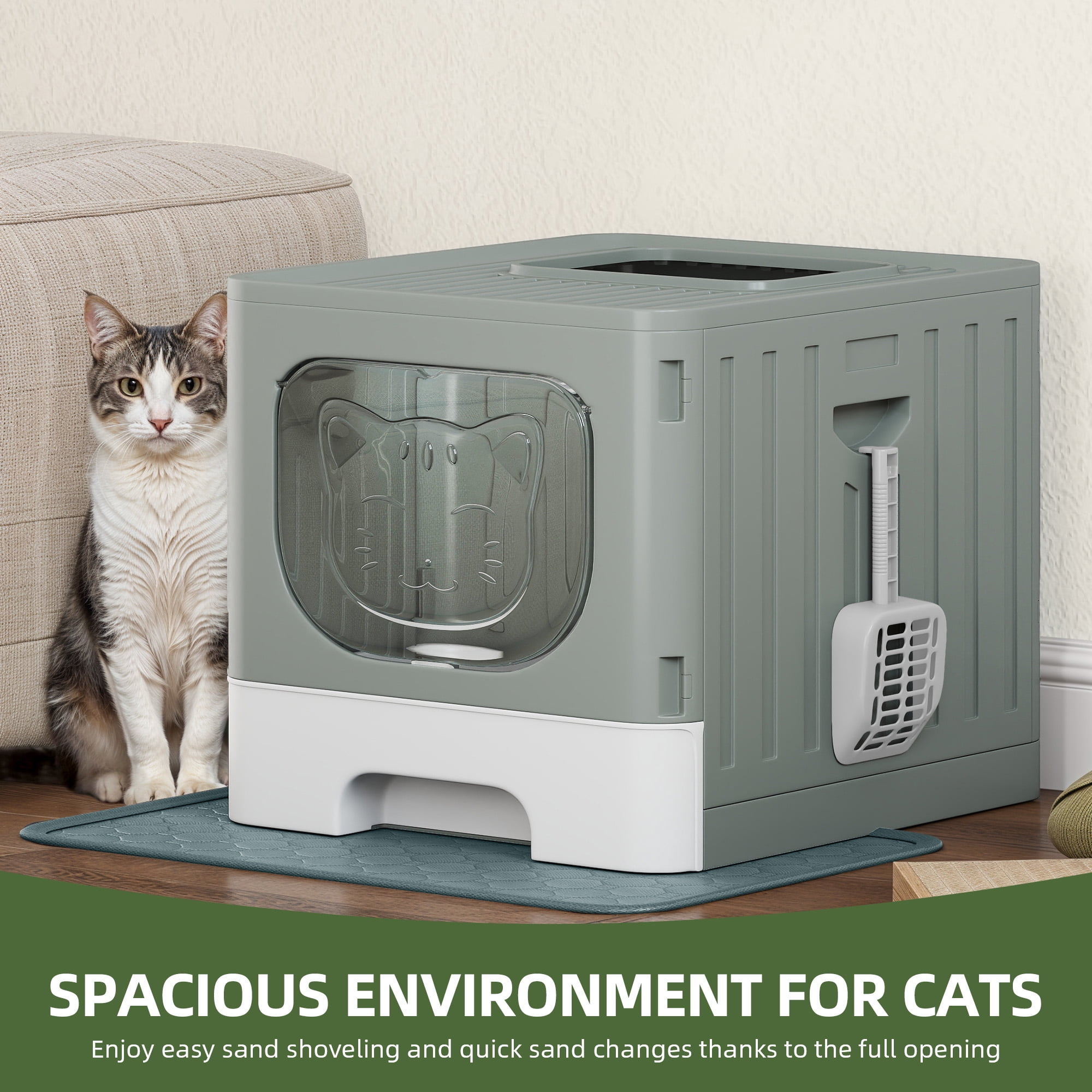 Uforic Large Enclosed Cat Litter Box with Mat and Litter Scoop,Cat Toilet Box with Lid Drawer Type Easy to Clean,Gray