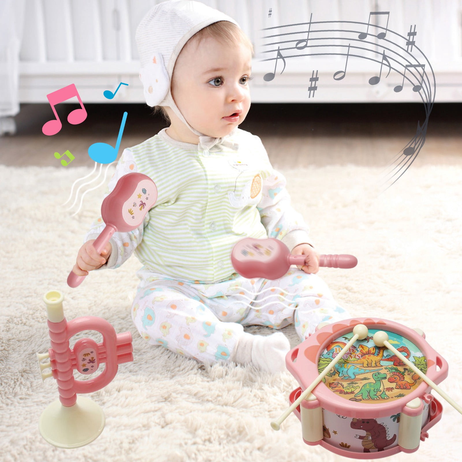 ABPWLY Musical Toy Set Hand Pat Drum Rattle Trumpet Early Learning Percussion Instrument for Infants Safe ABS Plastic Newborn Gift for Boys and Girls Clearance Toys For Kids Canada Days