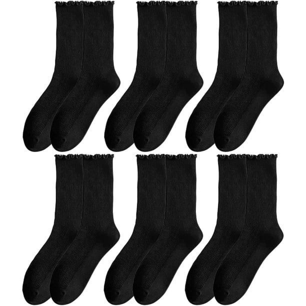Xiao Hua Calcetines cortos de encaje con borde de hoja de loto, de punto fino de algodón neutro, con ribete de hoja de loto, negros (6 pares)