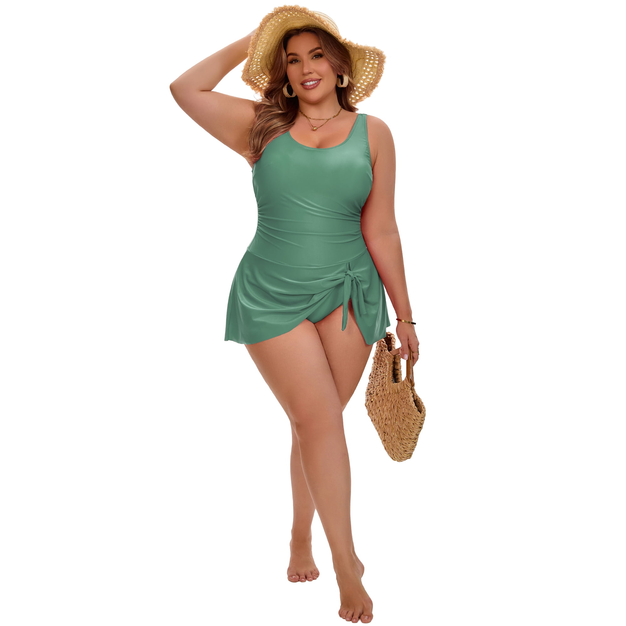DARING DIVA Women's Plus Tummy Control Beach Vacation Swimdress 2X Army Green