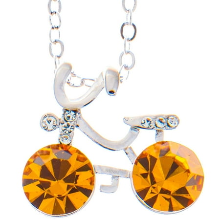Rhodium Plated Necklace with Bicycle Design with a 16 Extendable Chain and High Quality Yellow Crystals by Matashi