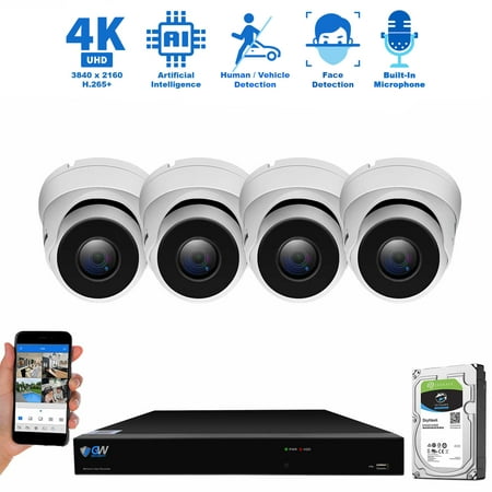 GW 8 Channel H.265 PoE NVR UltraHD 4K (3840x2160) Security Camera System with 4 x 4K (8MP) 2160p IP Camera, 100ft Night Vision, Outdoor Indoor Dome Camera