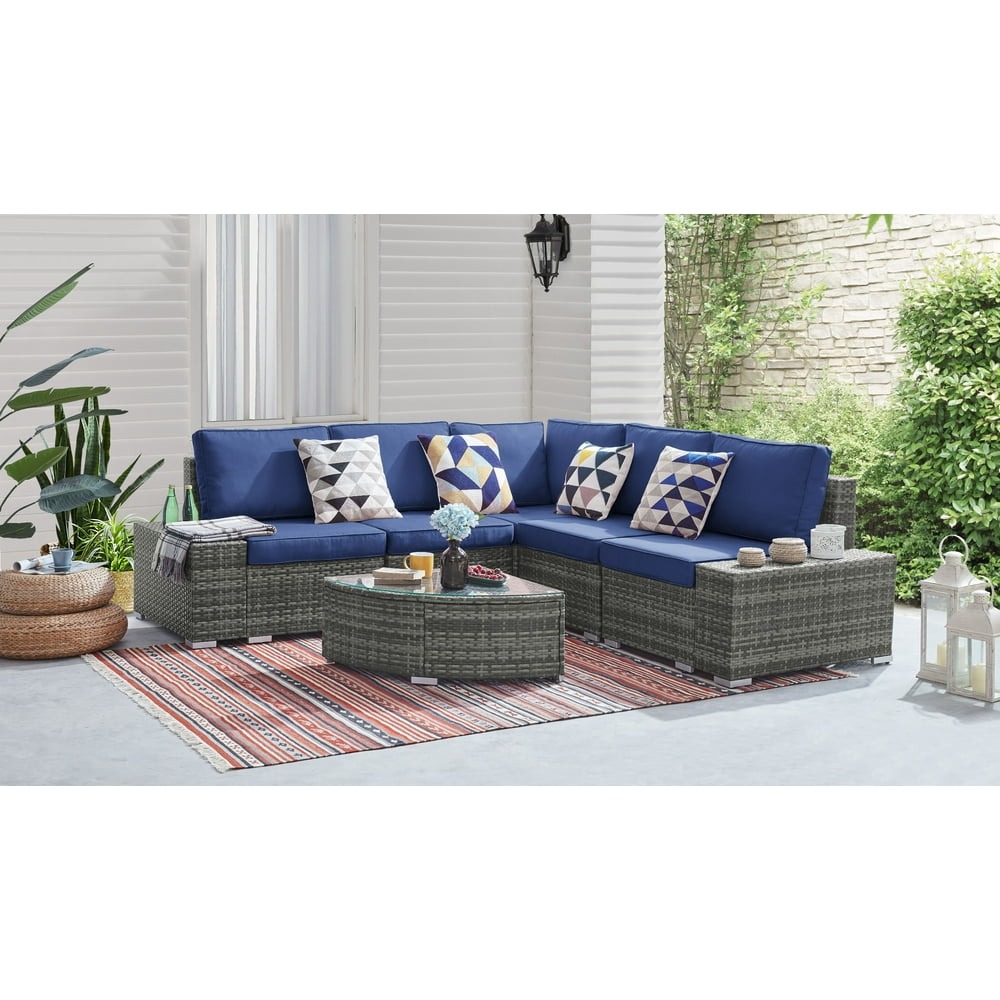 6 Piece Outdoor Wicker Sectional Seating Set, Gray/Navy
