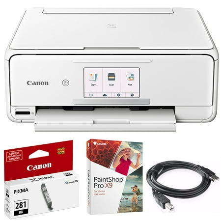 Canon PIXMA TS8120 Wireless Inkjet All-in-One Printer with Scanner & Copier White (2230C022) CLI-281 Black Ink Tank, Corel Paint Shop Pro X9 Digital Download & High Speed 6-foot USB Printer (Best Black And White Printer Copier)