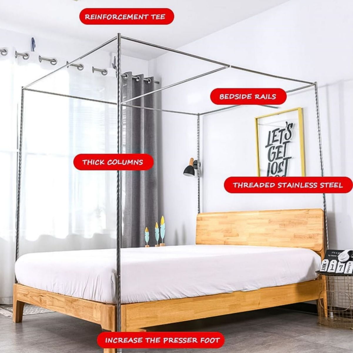 LUVCMFT Canopy Bed Frame Full Size, Stainless Steel Bed Canopy Frame, Bed Post Poles 4 Corner Canopy for Metal Bed Mosquito Curtains Bedroom Decor