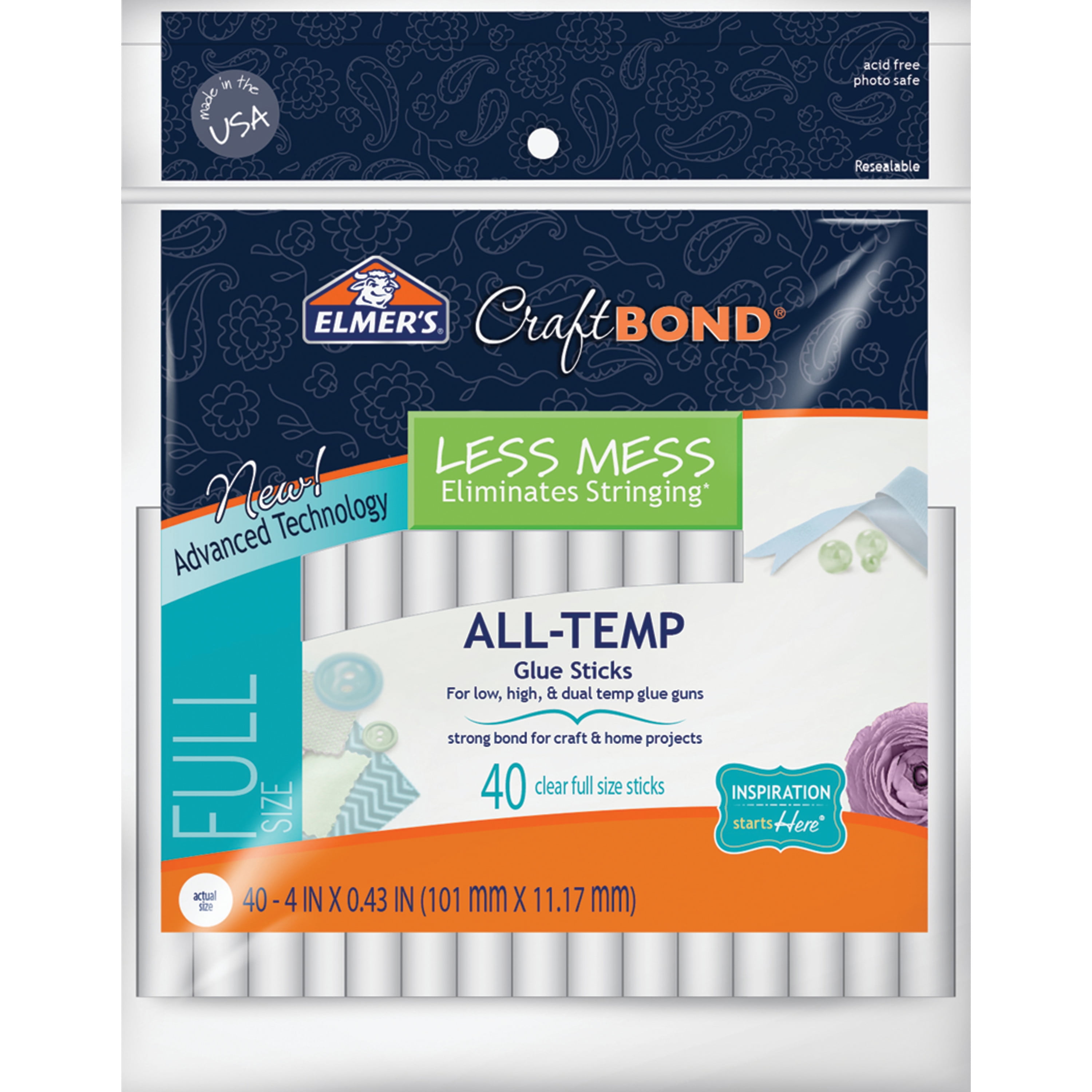 Elmer's Less Mess Hot Glue Sticks, 4in, Full Size, 40/Pkg.