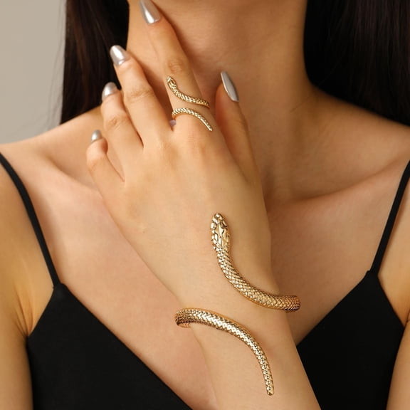 1 Set Snake Alloy Cuff Bangle and Ring Set Golden 65mm Inner Diameter Fashion Jewelry Accessories for Women Parties Suitable for a Variety of Occasions Golden DIY