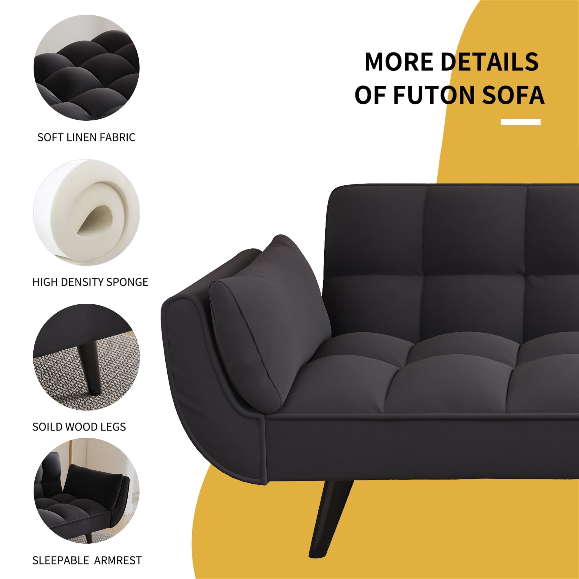 Aukfa Deep Tufted Futon Convertible Sofa Bed, Velvet Sleeper Couch for Home Office, Black