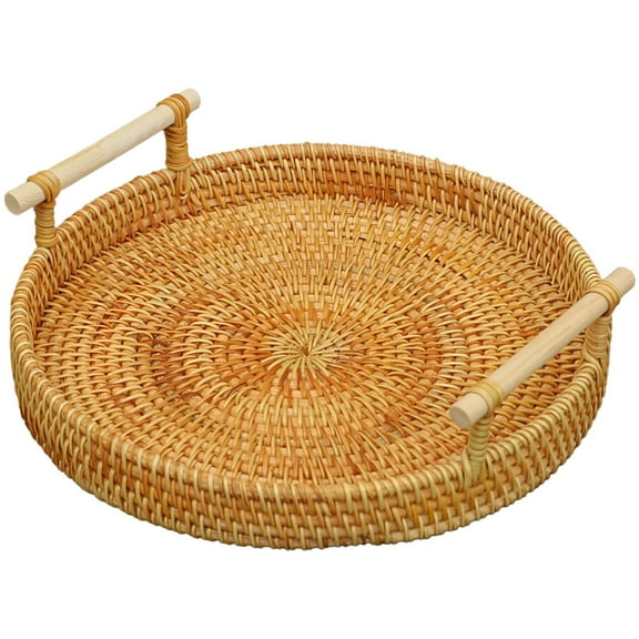 Handwoven Rattan Fruit Tray with Wooden Handles, 9.4 in / 24 cm Serving Tray, Round Wicker Tray, Decorative Trays for Coffee Table, Versatile for Fruit, Bread, Snacks