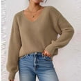 thumbnail image 6 of Uootdi Women's V Neck Sweater Balloon Sleeve Ribbed Knit Pullover Casual Loose Fit Fall Fashion Trendy Oversized Jumper Cozy Winter Top Khaki Women Top, 6 of 7