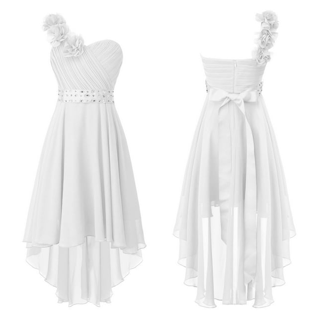 Zaldita Robe de Demoiselle d'Honneur pour Enfant à une Épaule en Mousseline Asymétrique Courte-Longue Junior, Robe de Bal de Fête Blanche 16