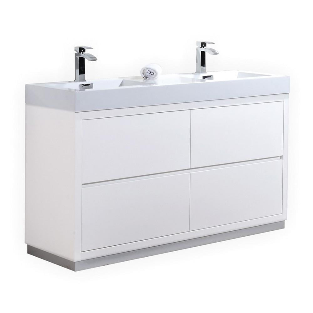 Kubebath Bliss 60 Double Sink High Gloss White Free Standing Modern Bathroom Vanity