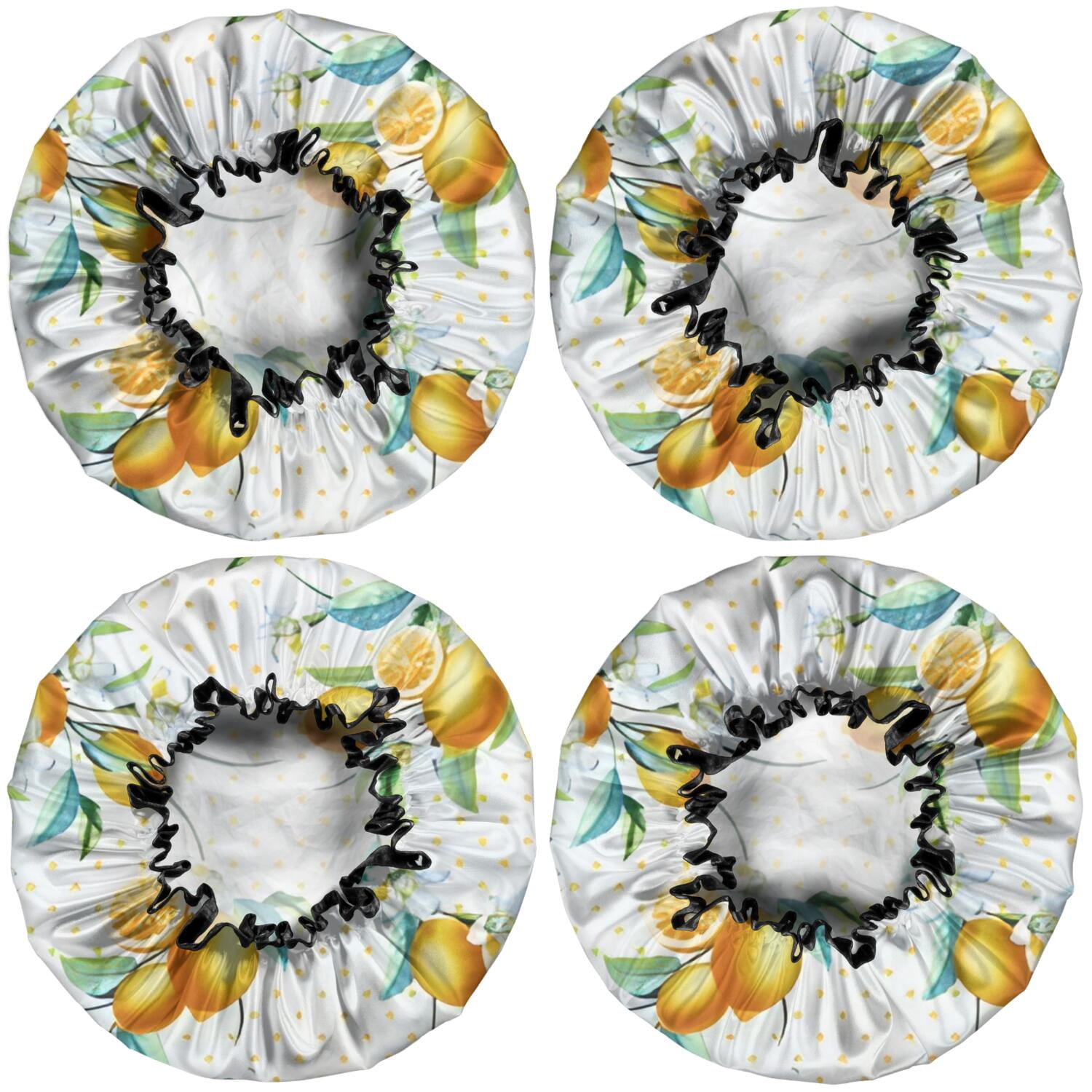 Shower Caps,Yellow Lemon Flowers White Pattern Waterproof Shower Cap for Women 4 Pieces,Double Reusable Hair Cover for Shower PEVA Elastic Stretch Hem