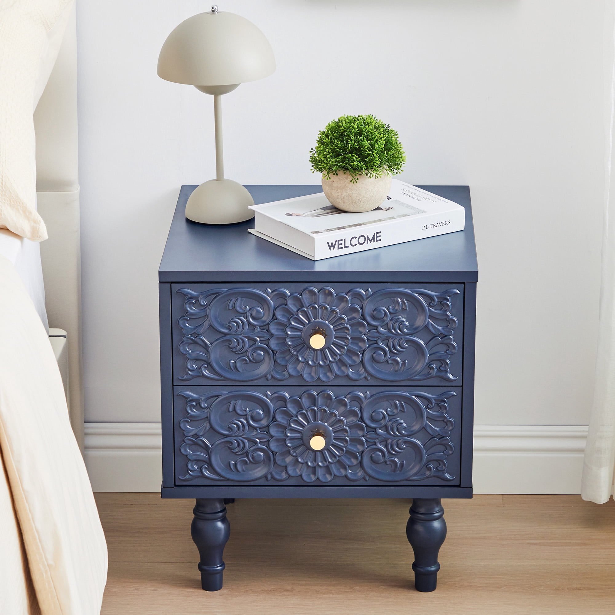 Wirrytor Vintage Short Nightstand Set of 2 with 2 Drawers, Bedside Table 2 Drawer Dresser with Embossed Pattern, Storage End Table with Wooden Legs for Bedroom & Living Room,Blue