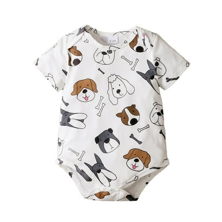 

Kucnuzki Infant Baby Boy Clothes 6 Months Summer Bodysuit 9 Months Short Sleeve Carton Puppy Prints Cozy Romper Bodysuit White