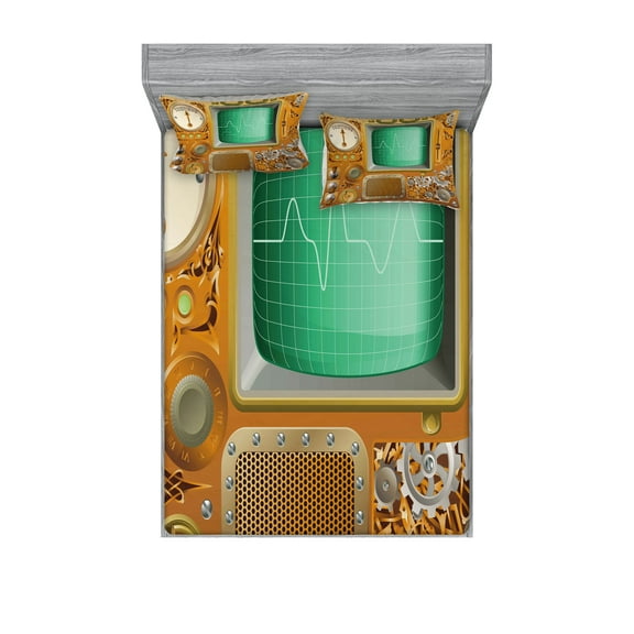 Ambesonne Retro Fitted Sheet & Pillow Sham Set, Grunge Steampunk Machine, Queen, Orange Green Pale Grey