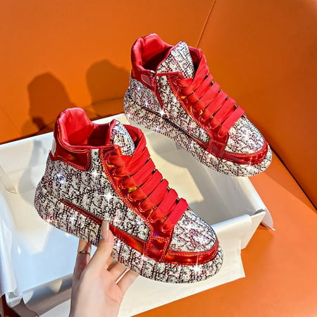 

2025 Luxury Women s Sports Shoes New Printed Embroidery Designer Water Diamond Sports Shoes Shining Thick soled Vulcanized Shoes (Red 36)