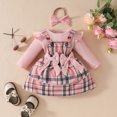 thumbnail image 3 of Emy Dola Newborn Baby Girl Fall Winter Clothes Ruffle Long Sleeve Ribbed Romper Plaid Suspender Dress Outfits with Bowknot Headband, 3 of 10