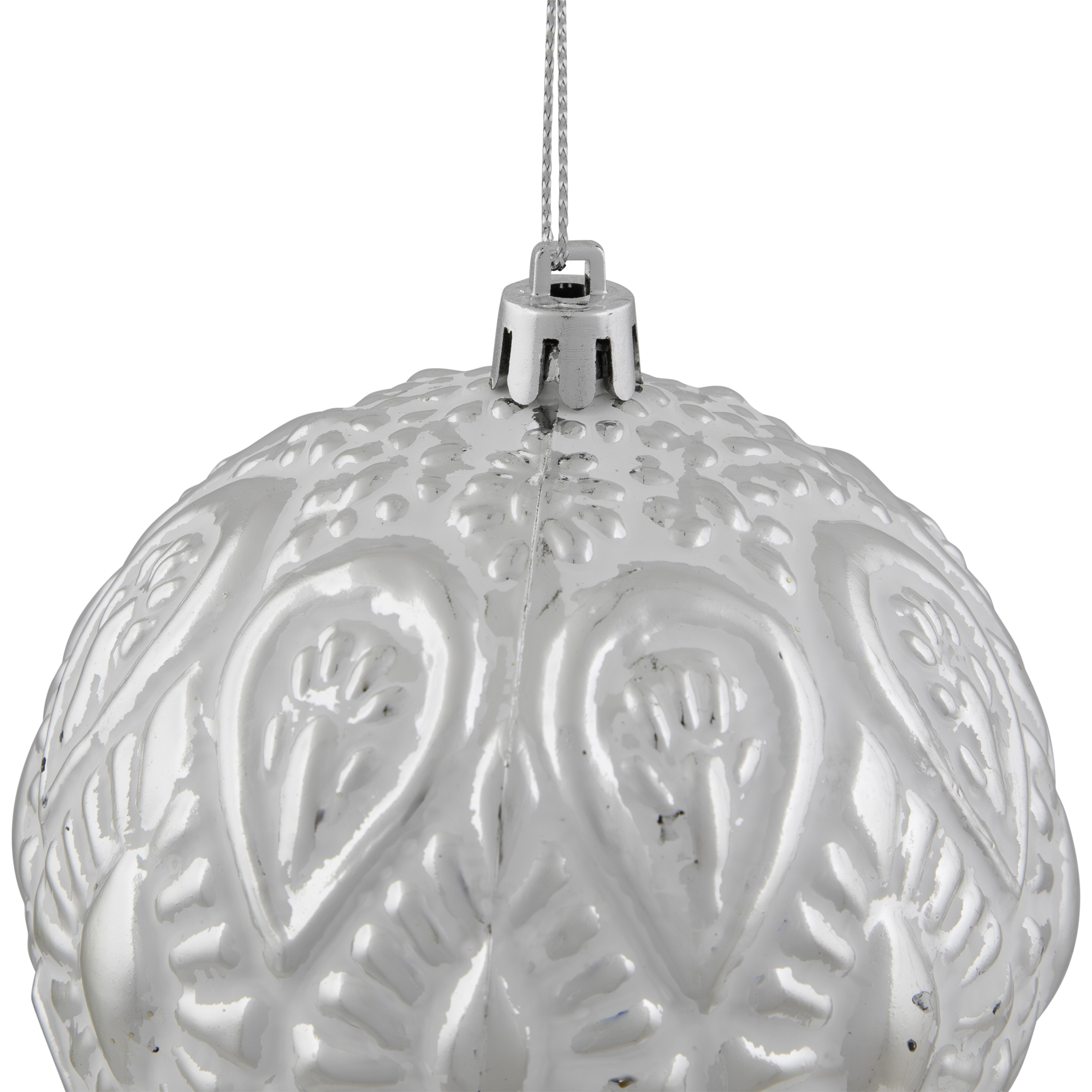 Distressed White Ball with Silver Beveled Design Christmas Ornament 4" (100mm)