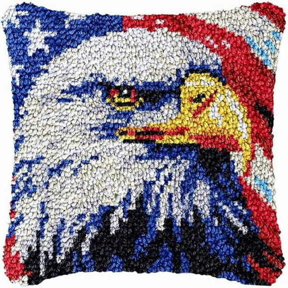 Latch Hook Pillowcase Kits Set Eagle and Flag Cushion Cover Latch Hook Carpet Rug Pillow Cover Throw Pillow Craft Kits Canvas for Starter - 17 x 17 Inch