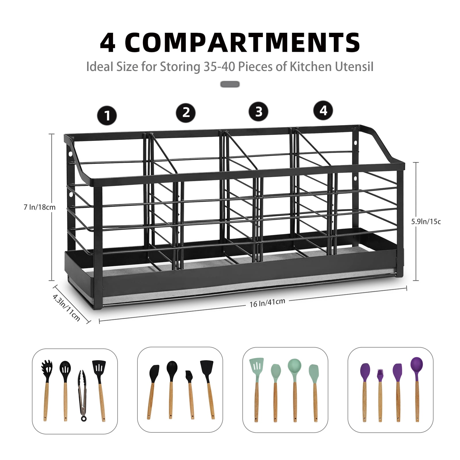 Large Utensil Holder for Kitchen Counter:Kitchen Cooking Utensil Holder Organizer with Diatomaceous Earth Base Matte Black (4 Compartments)