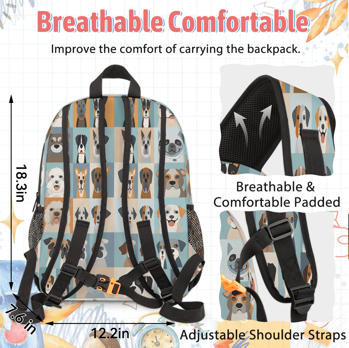 Herdesigns Cute Animal Dogs Puppy Large Backpack Set with Lunch Box Lightweight Water Resistant Travel Laptop Backpacks Casual Daypacks for Women Men