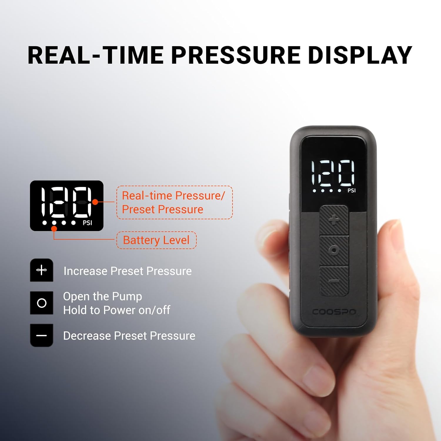 COOSPO Tiny X1 Mini Electric Bike Pump with Gauge, 120PSI Portable Bicycle Tire Inflator, Auto Stop, Fast Inflation for Presta & Schrader Valves, USB-C Rechargeable, Compact for Road/Mountain Bikes