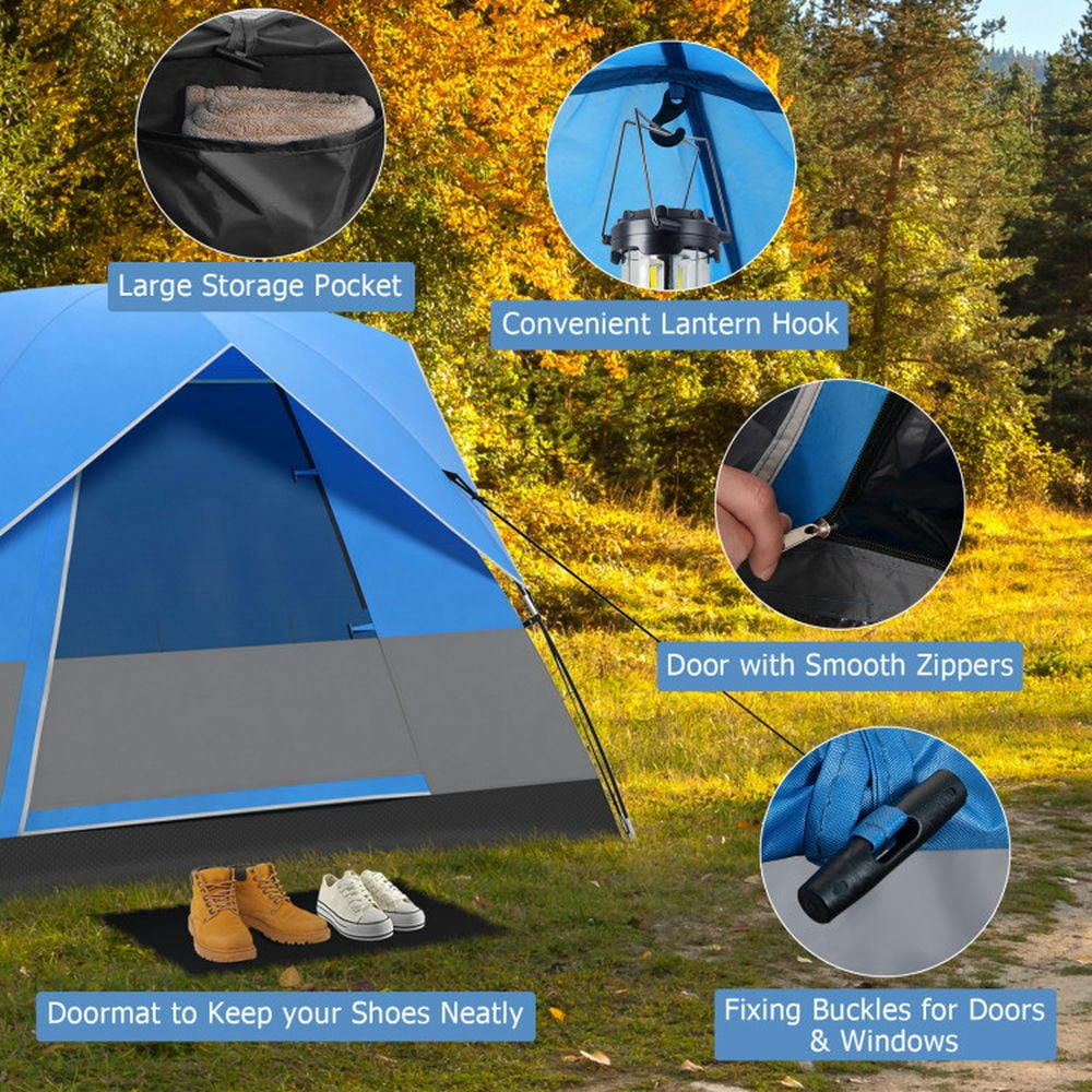 Topcobe 3 Person Outdoor Camping Tent with Removable Floor Mat for Camping Hiking Traveling, Outdoor Traveling Tent-Blue