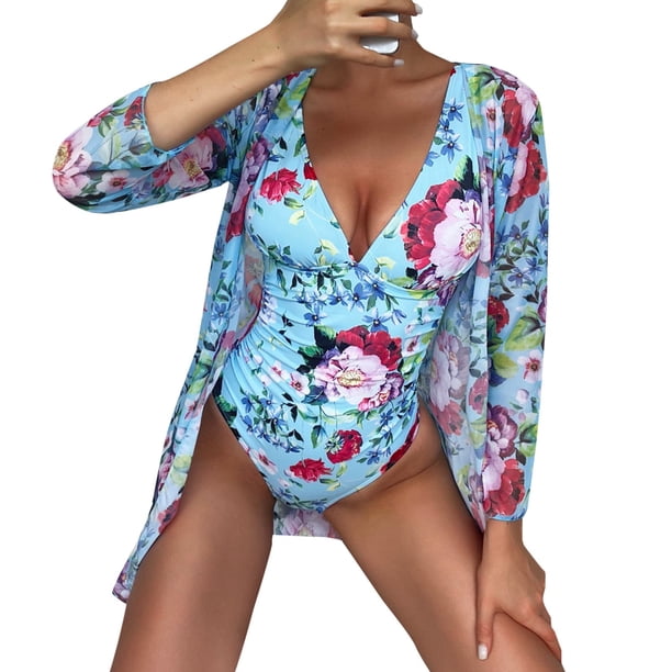MKLEKYY Trajes De Baño Mujer Women Floral Print Swimsuits Deep V Neck Swimwear Women 2 Bathing Suit Sexy Monokini Suits Summer Wear Beach Cover Ups
