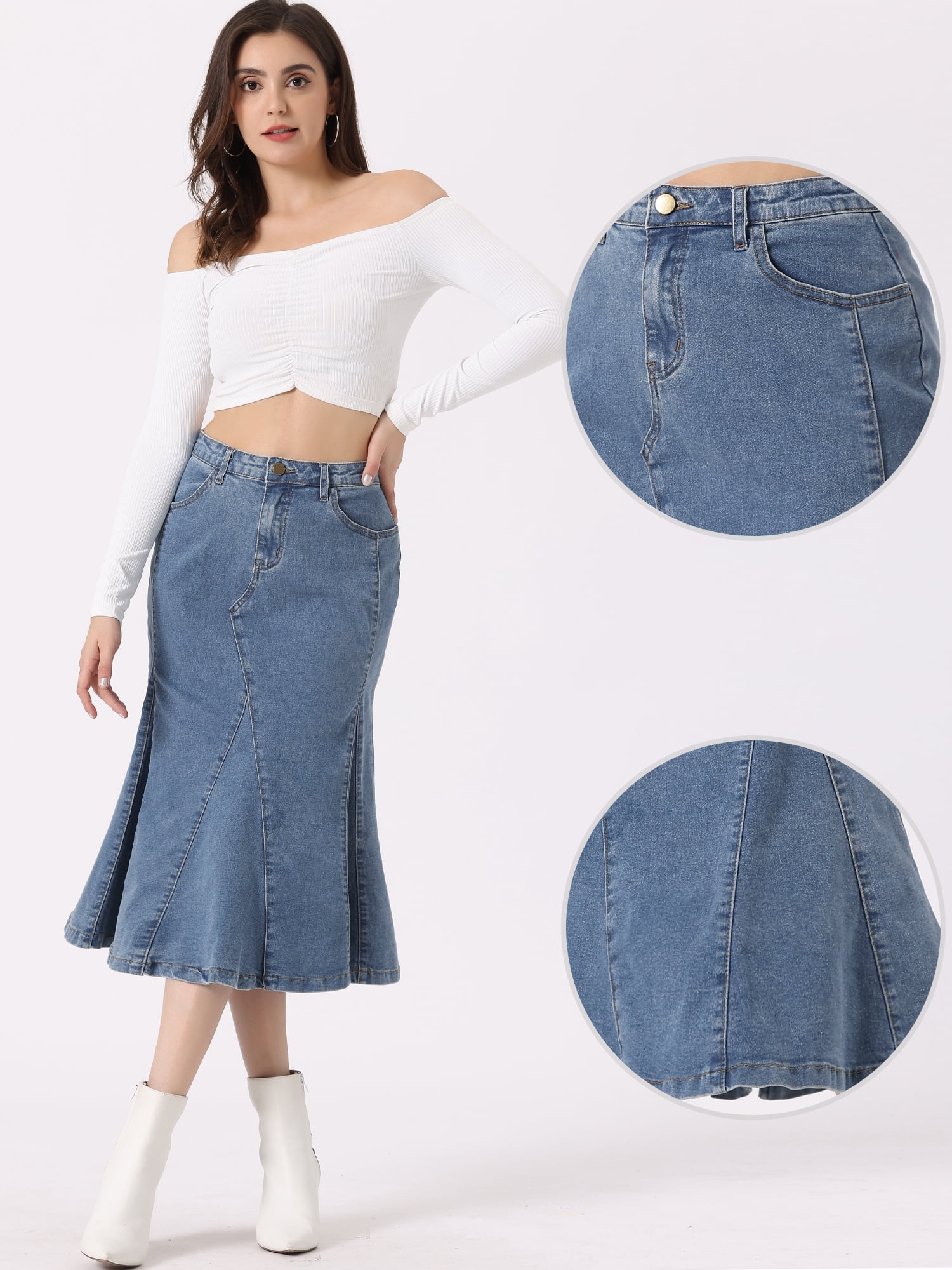 DARING DIVA Women's High Waisted A-Line Flared Midi Denim Skirt XL Blue