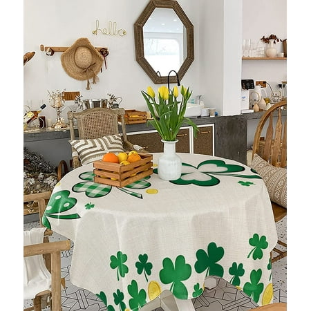 

St. Patrick s Day Tablecloths for Square 60 x 60-inch Table Cover Cotton Linen Fabric Table Cloth for Dining Room Kitchen Green Lucky Clover Golden Rustic Burlap