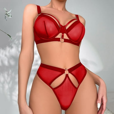 

Plus Summer Set! KUNPENG Women s Solid Color Mesh Visible Fun Lingerie Red L