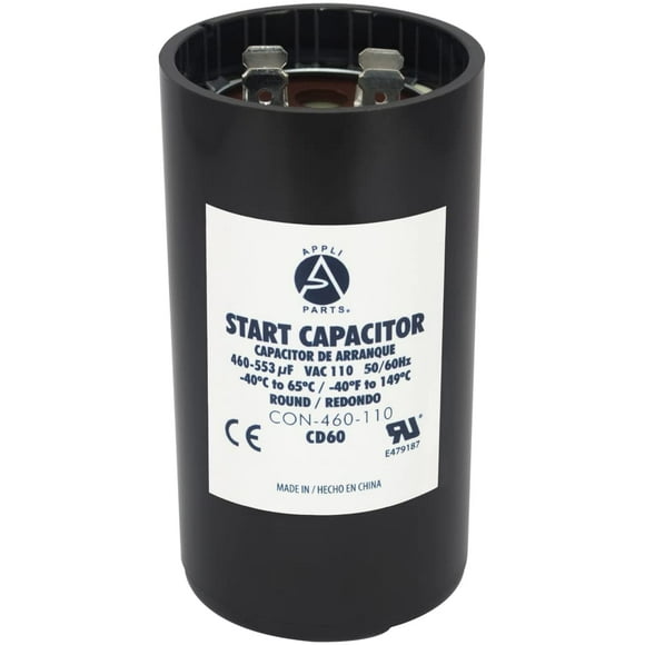 Appli Parts motor start capacitor 460-553 Mfd (microfarads) uF 110-125 VAc universal fit for electric motor applications 1-34 in Wide 3-38 in Height cON-460-110