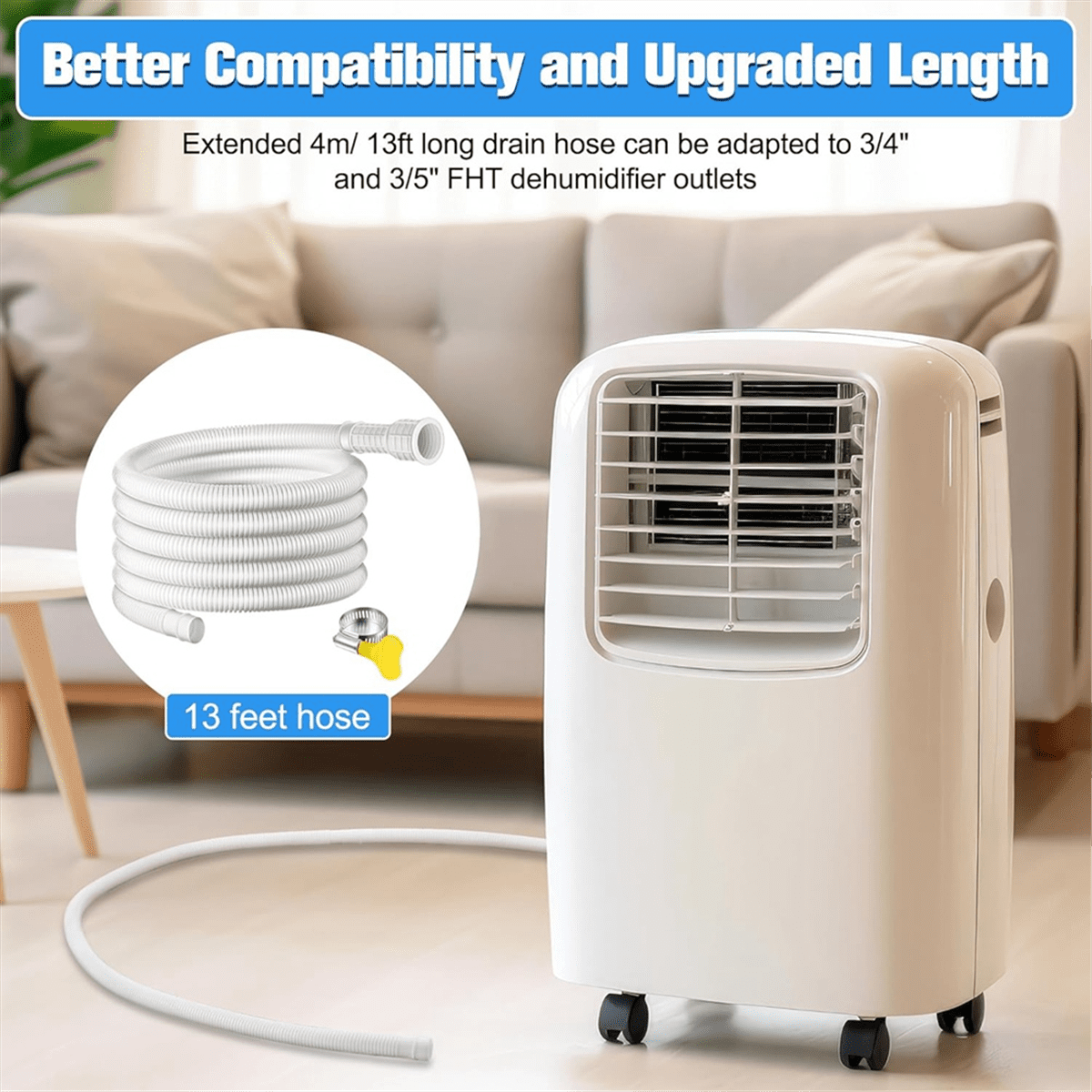 Dehumidifier Drain Hose, 13Ft Flexible Hose with Cuttable Rubber Adapter and Connect Clamp, Replacement