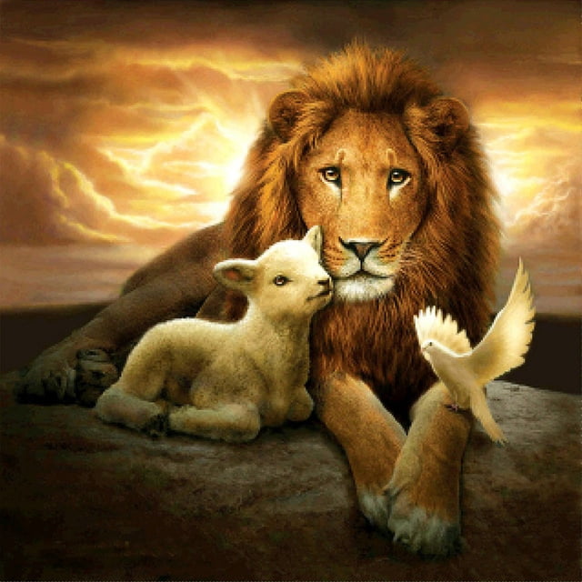 Pintura de diamante Taladro León y Cordero Decoración de pared redonda completa 50x50cm (NH2197) FLhrweasw Nuevo