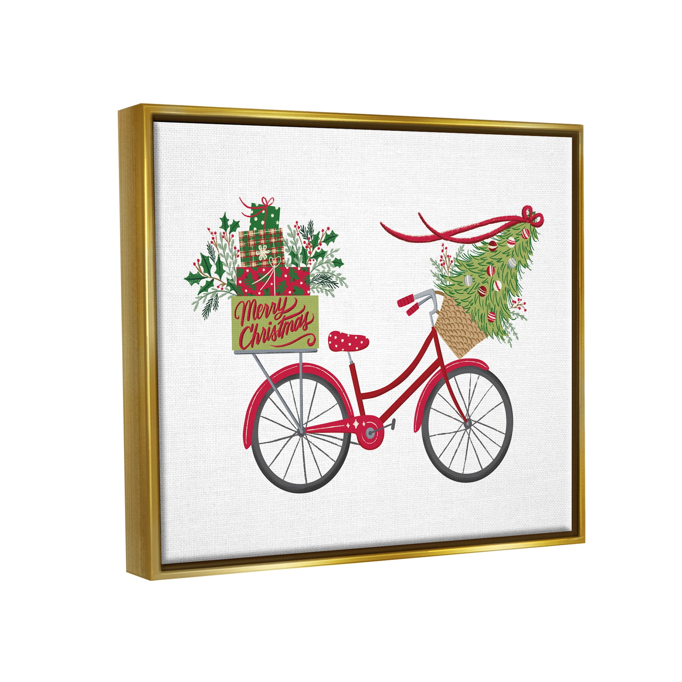 Stupell Industries Merry Christmas Seasonal Bicycle Graphic Art Metallic Gold Floating Framed Canvas Print Wall Art, Design by Amanda McGee