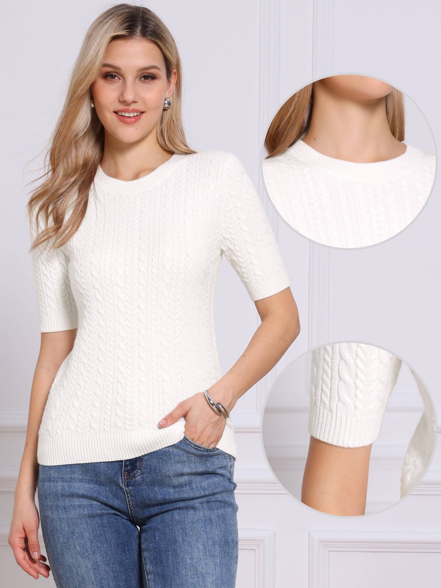 DARING DIVA Women's Lightweight Short Sleeve Sweater M White