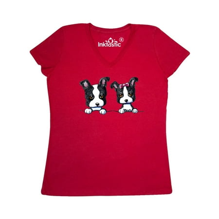 Wire Fox Terrier T-shirt - Boston Terriers (Dark Apparel) Women's V-Neck T-Shirt - KiniArt